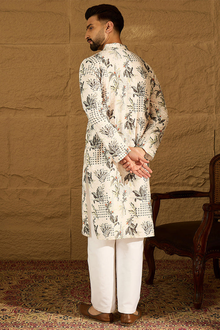 Off White Viscose Rayon Geometric Printed Straight Kurta with Trouser | Shobitam