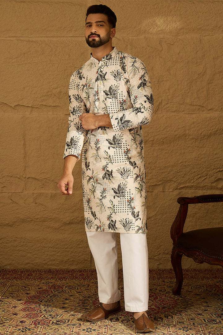 Off White Viscose Rayon Geometric Printed Straight Kurta  | SHOBITAM