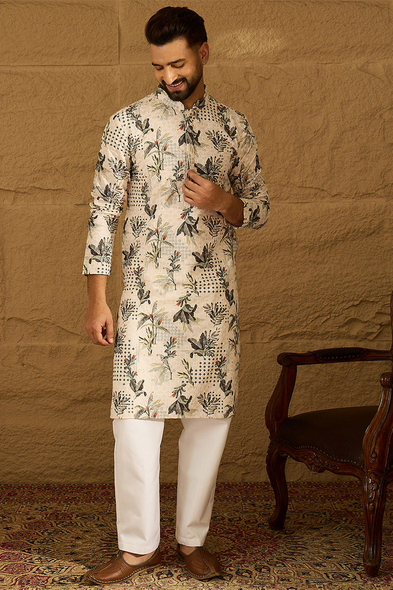 Off White Viscose Rayon Geometric Printed Straight Kurta with Trouser | Shobitam