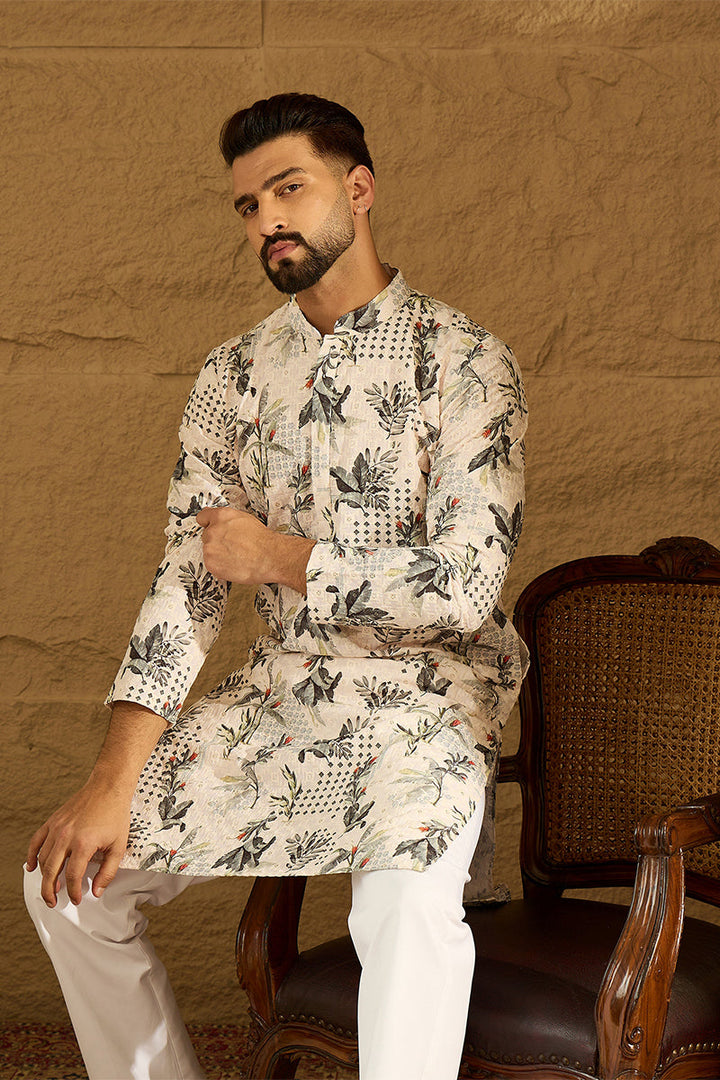 Off White Viscose Rayon Geometric Printed Straight Kurta with Trouser | Shobitam