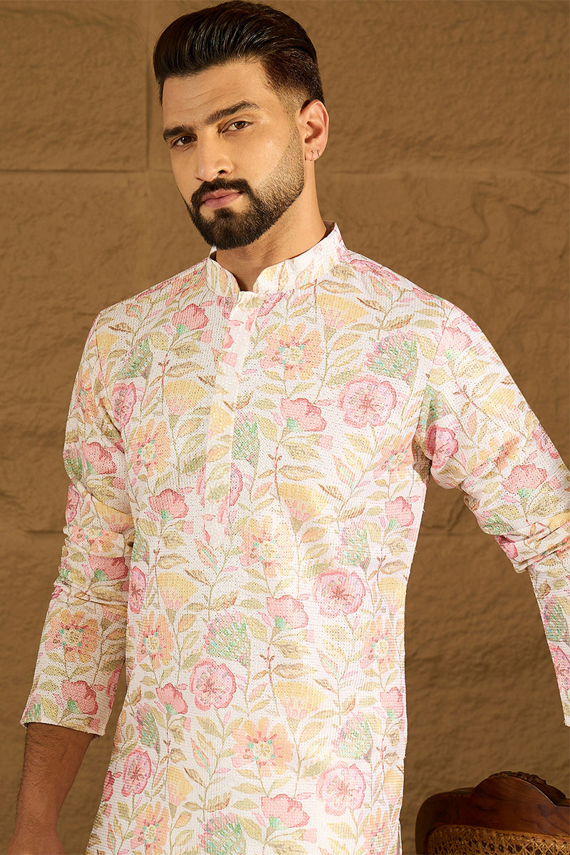 White Viscose Rayon Floral Embroidered Straight Kurta  | SHOBITAM