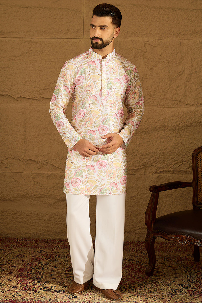 White Viscose Rayon Floral Embroidered Straight Kurta with Trouser | Shobitam
