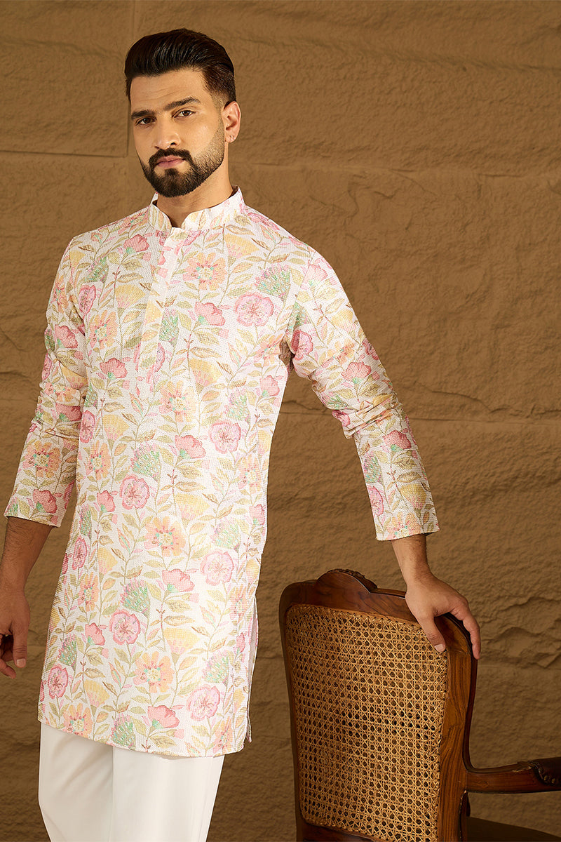 White Viscose Rayon Floral Embroidered Straight Kurta  | SHOBITAM
