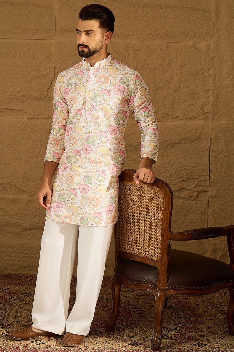 White Viscose Rayon Floral Embroidered Straight Kurta with Trouser | Shobitam