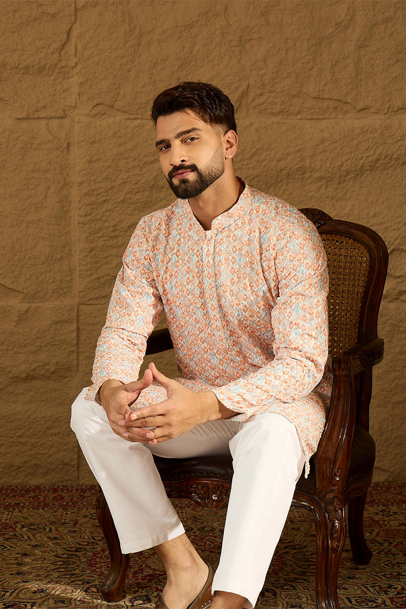 Orange Viscose Rayon Geometric Printed Straight Kurta with Trouser | Shobitam