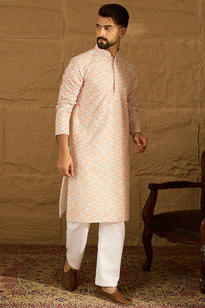 Orange Viscose Rayon Geometric Printed Straight Kurta with Trouser | Shobitam