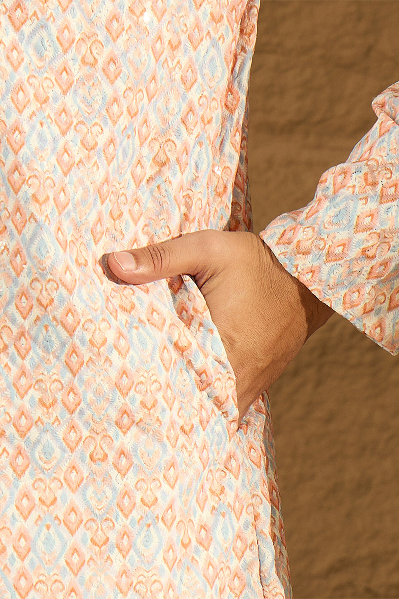 Orange Viscose Rayon Geometric Printed Straight Kurta with Trouser | Shobitam