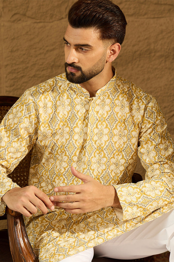 Yellow Viscose Rayon Geometric Printed Straight Kurta  | SHOBITAM