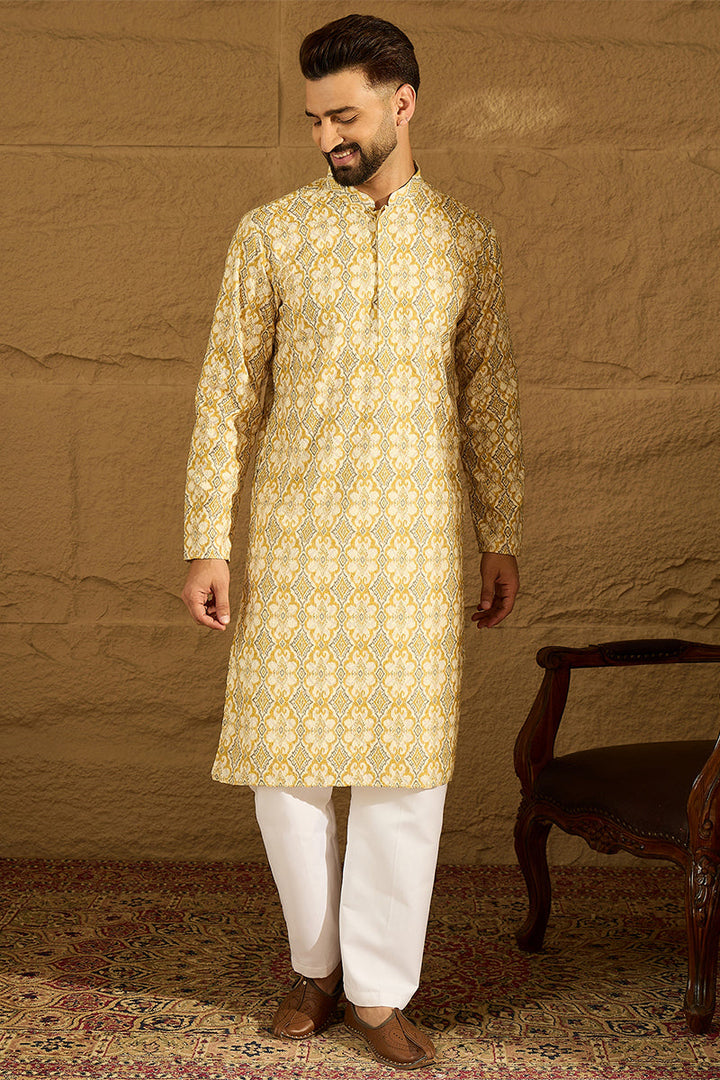 Yellow Viscose Rayon Geometric Printed Straight Kurta  | SHOBITAM