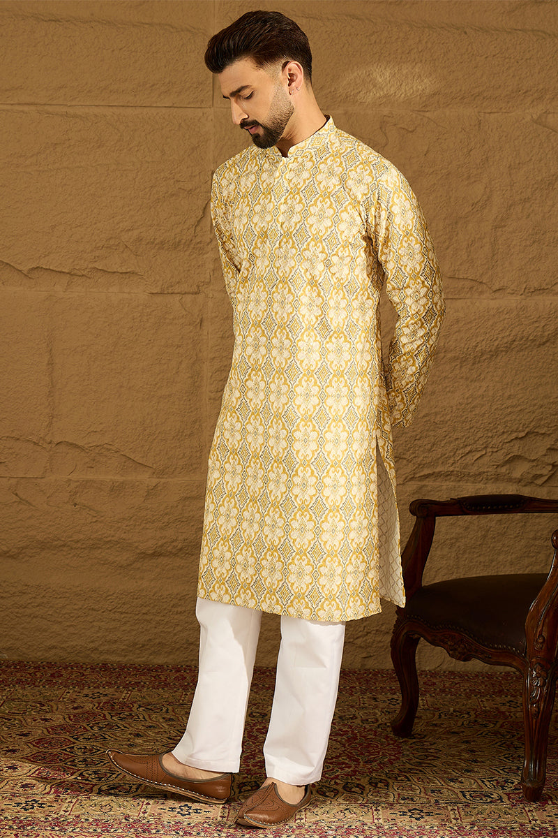 Yellow Viscose Rayon Geometric Printed Straight Kurta with Trouser | Shobitam