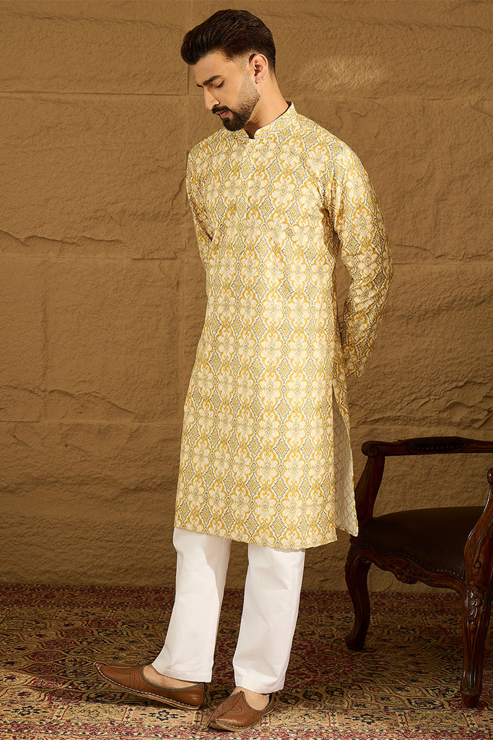 Yellow Viscose Rayon Geometric Printed Straight Kurta with Trouser | Shobitam