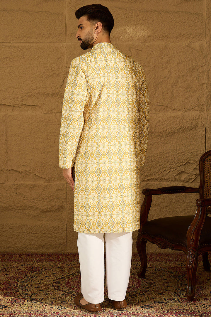 Yellow Viscose Rayon Geometric Printed Straight Kurta with Trouser | Shobitam