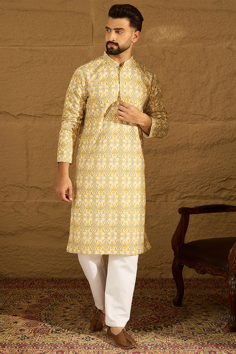 Yellow Viscose Rayon Geometric Printed Straight Kurta  | SHOBITAM