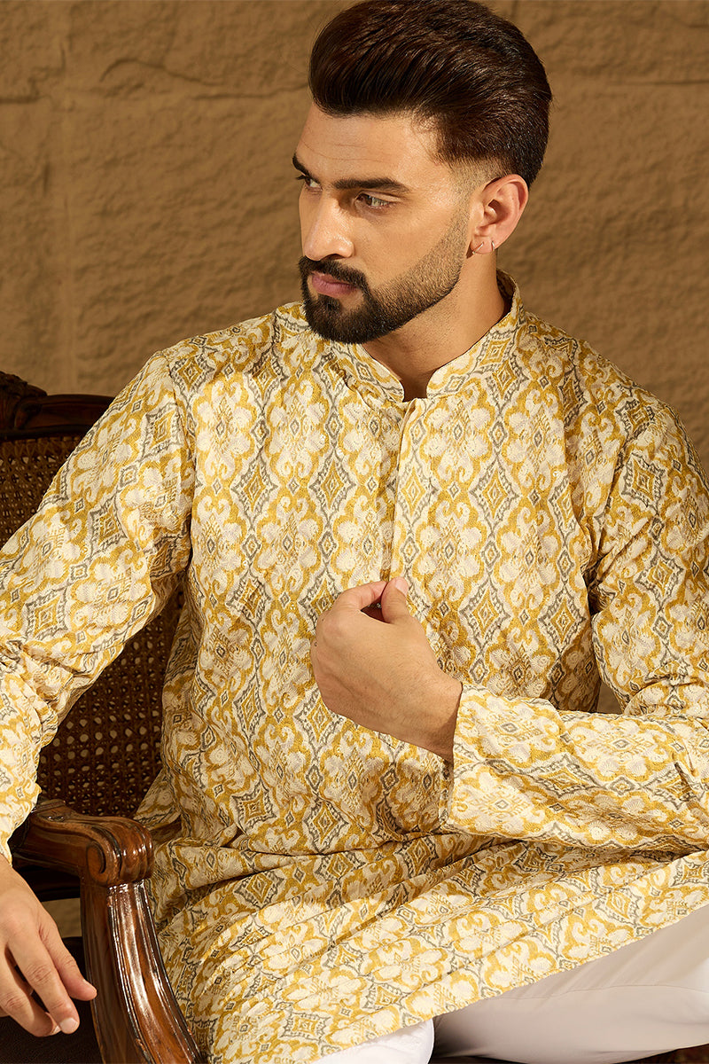 Yellow Viscose Rayon Geometric Printed Straight Kurta with Trouser | Shobitam