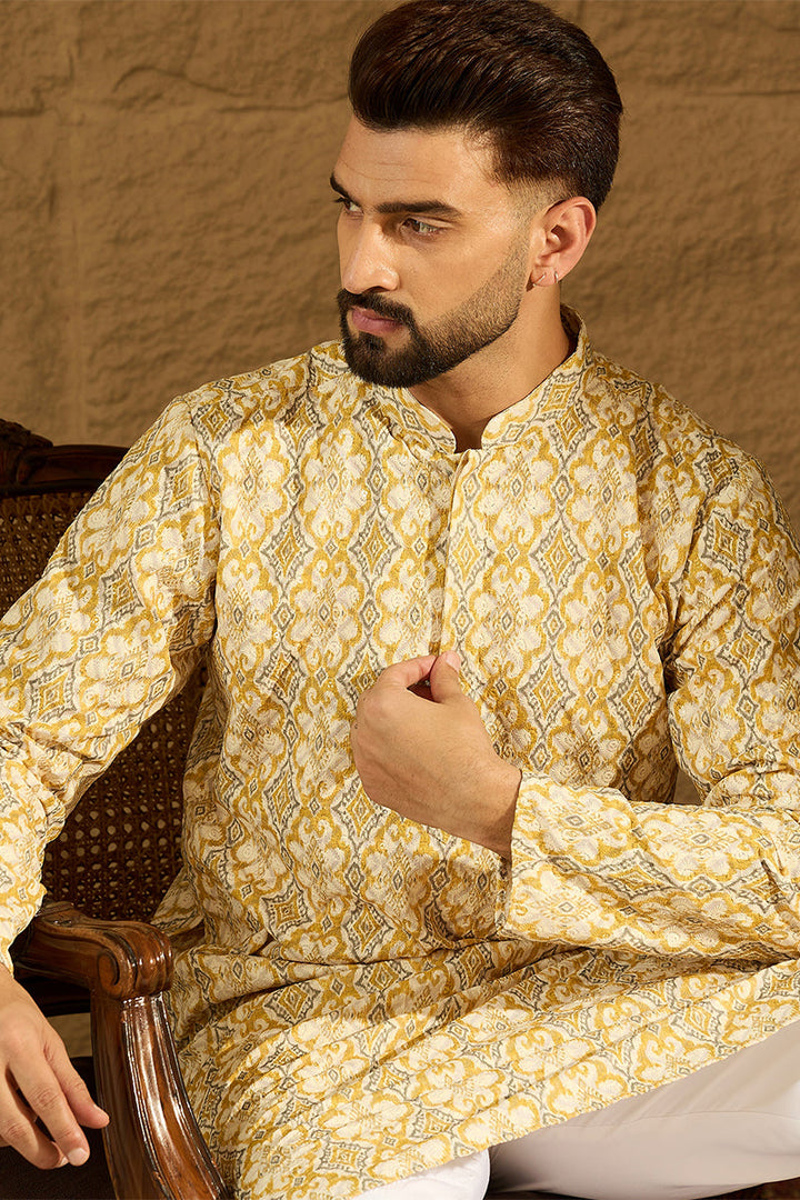 Yellow Viscose Rayon Geometric Printed Straight Kurta with Trouser | Shobitam