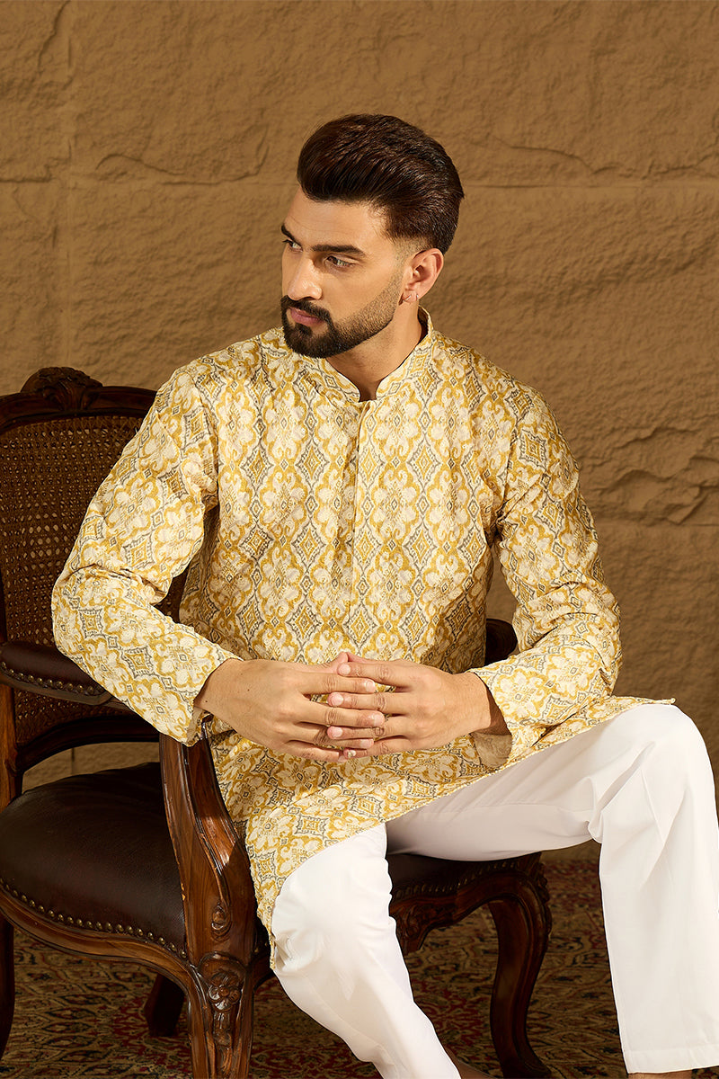Yellow Viscose Rayon Geometric Printed Straight Kurta with Trouser | Shobitam