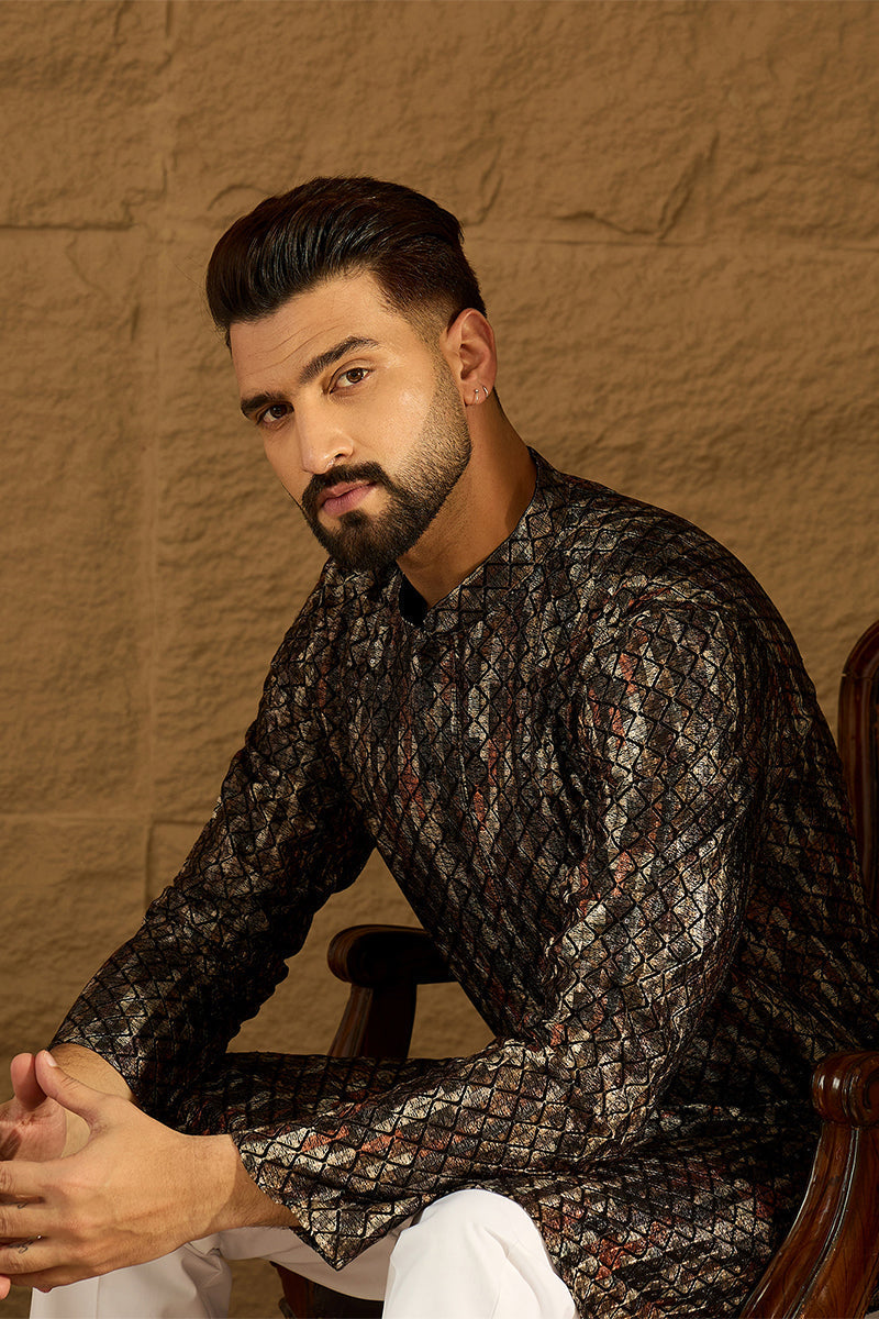 Black Viscose Rayon Striped Printed Straight Kurta with Trouser | Shobitam