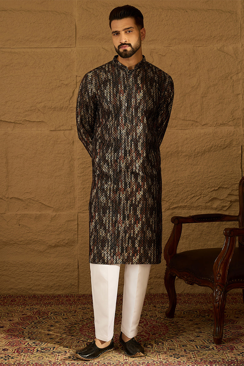 Black Viscose Rayon Striped Printed Straight Kurta with Trouser | Shobitam
