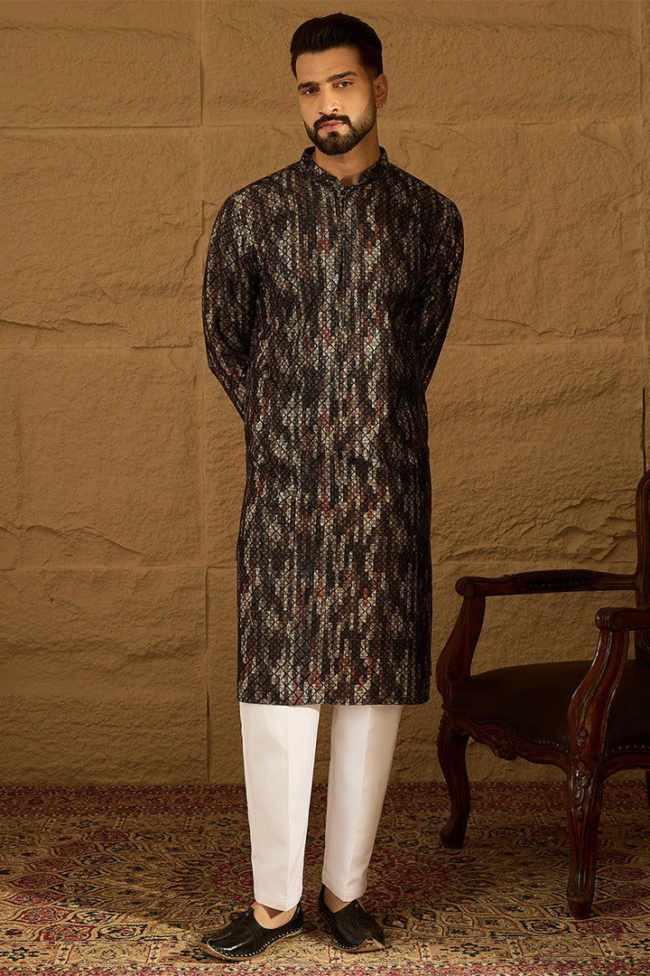 Black Viscose Rayon Striped Printed Straight Kurta with Trouser | Shobitam