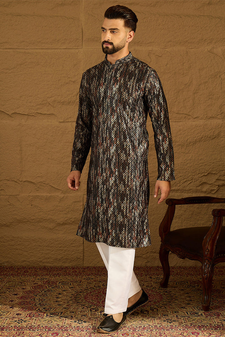 Black Viscose Rayon Striped Printed Straight Kurta with Trouser | Shobitam