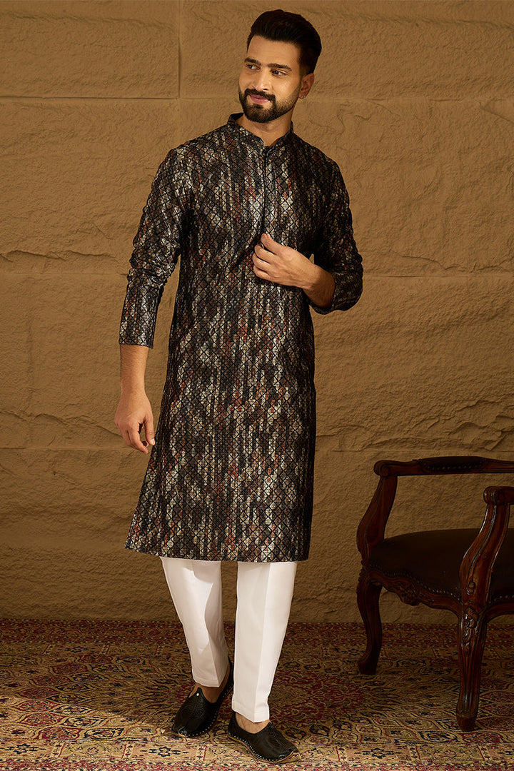 Black Viscose Rayon Striped Printed Straight Kurta with Trouser | Shobitam