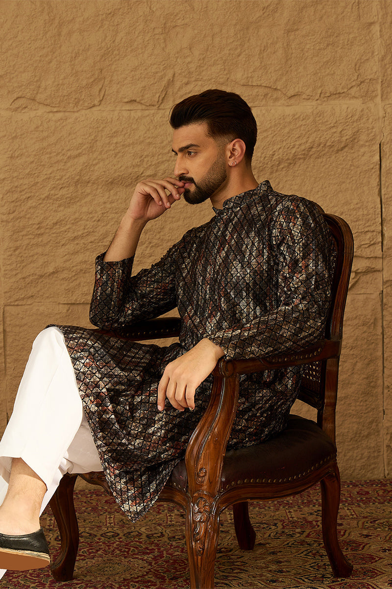 Black Viscose Rayon Striped Printed Straight Kurta with Trouser | Shobitam