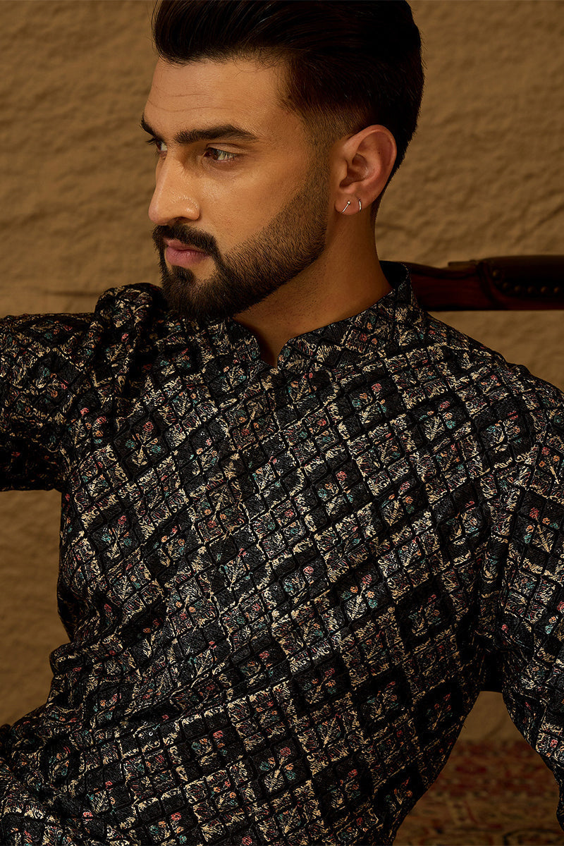 Black Viscose Rayon Geometric Printed Straight Kurta with Trouser |SHOBITAM