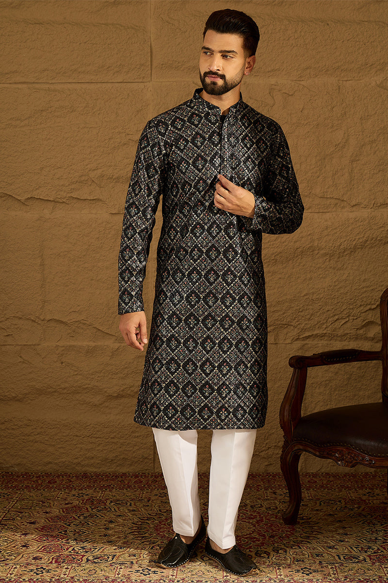 Black Viscose Rayon Geometric Printed Straight Kurta  | SHOBITAM