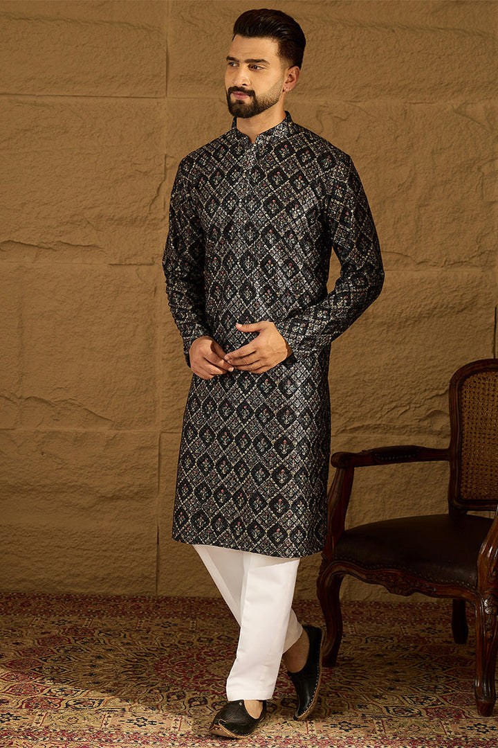 Black Viscose Rayon Geometric Printed Straight Kurta  | SHOBITAM