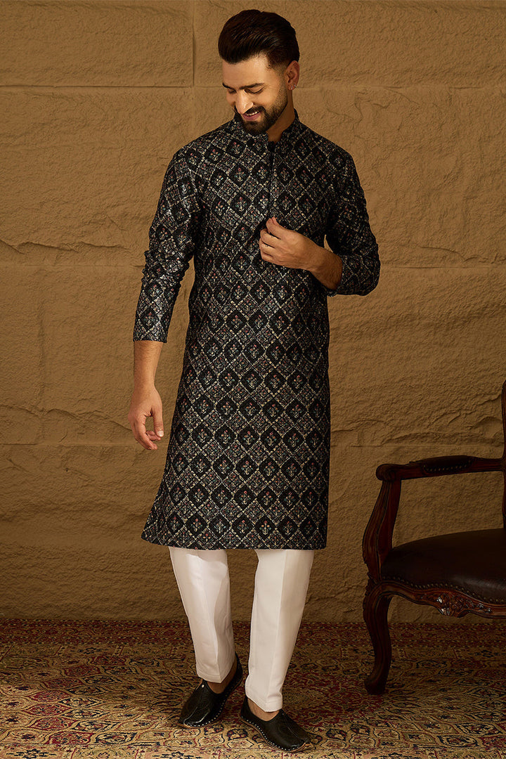 Black Viscose Rayon Geometric Printed Straight Kurta  | SHOBITAM