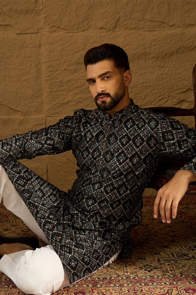 Black Viscose Rayon Geometric Printed Straight Kurta with Trouser |SHOBITAM