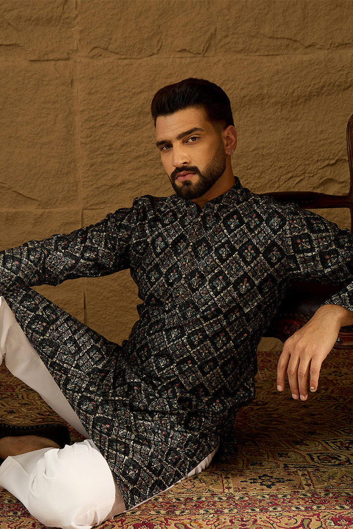 Black Viscose Rayon Geometric Printed Straight Kurta with Trouser |SHOBITAM