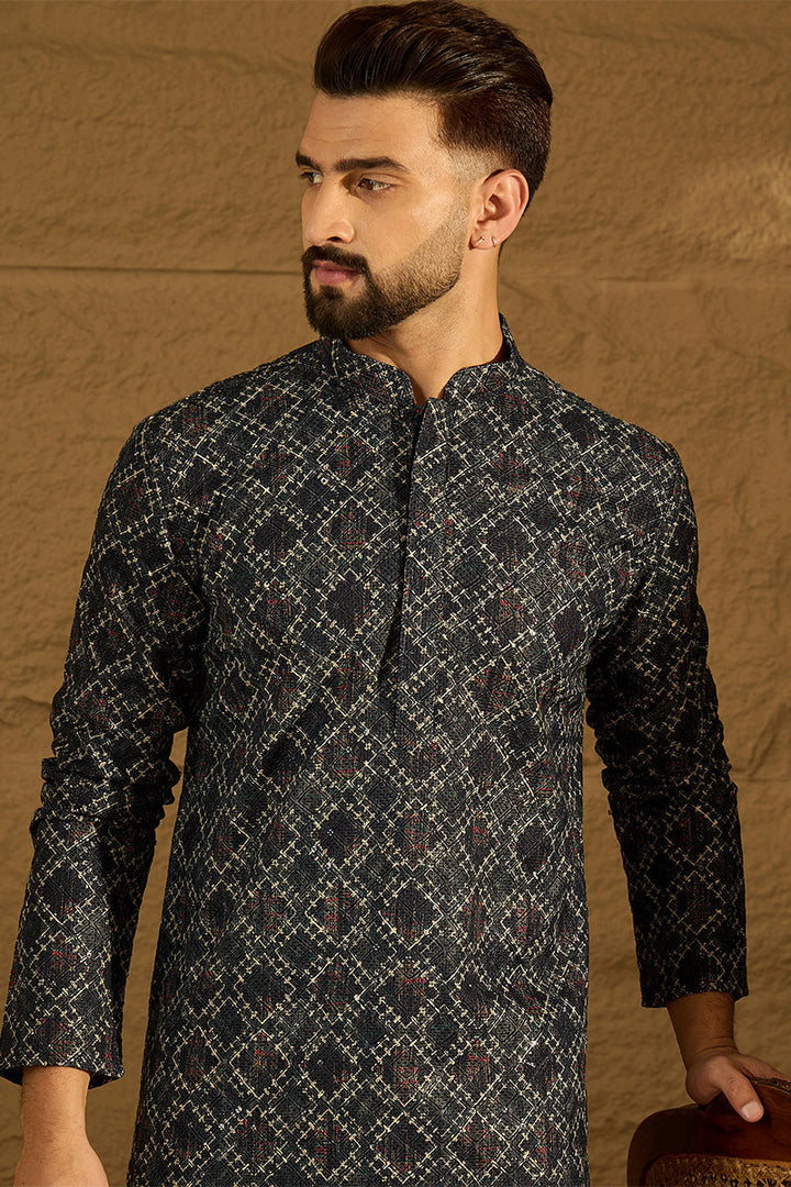 Black Cotton Solid Embroidered Straight Kurta with Trouser | SHOBITAM