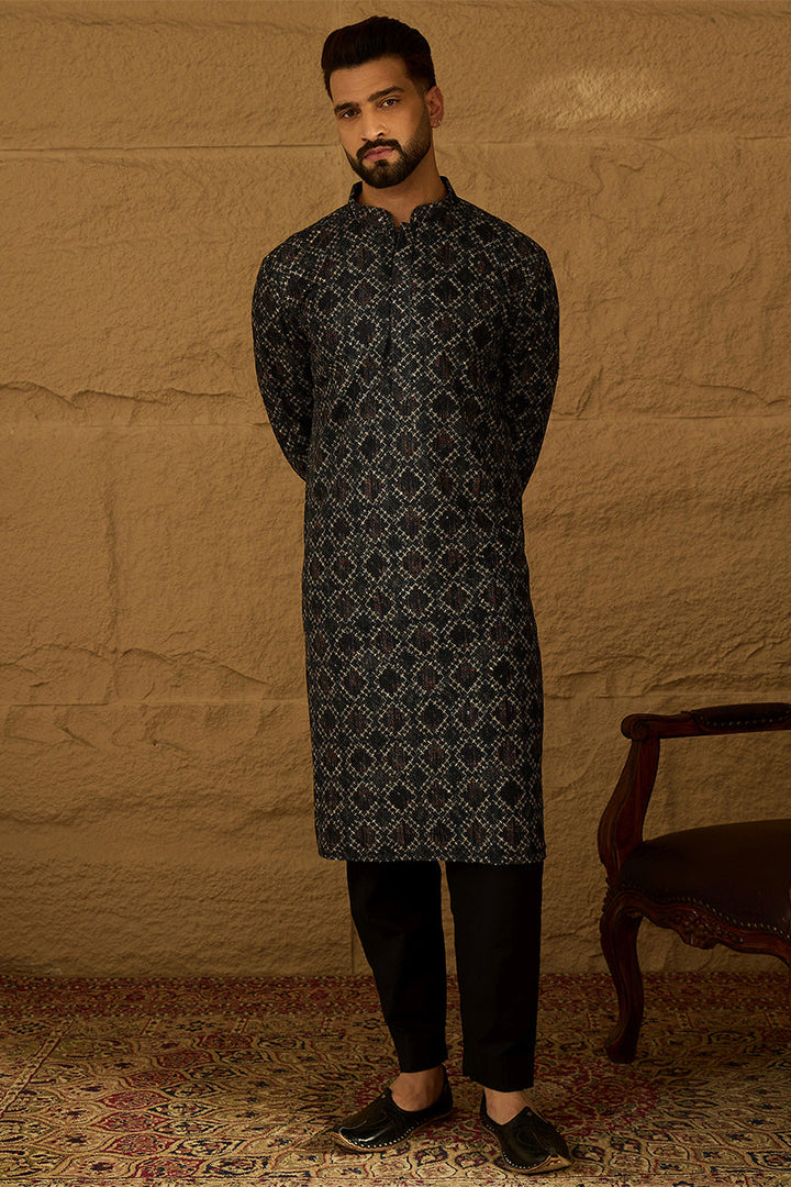 Black Cotton Solid Embroidered Straight Kurta with Trouser | SHOBITAM