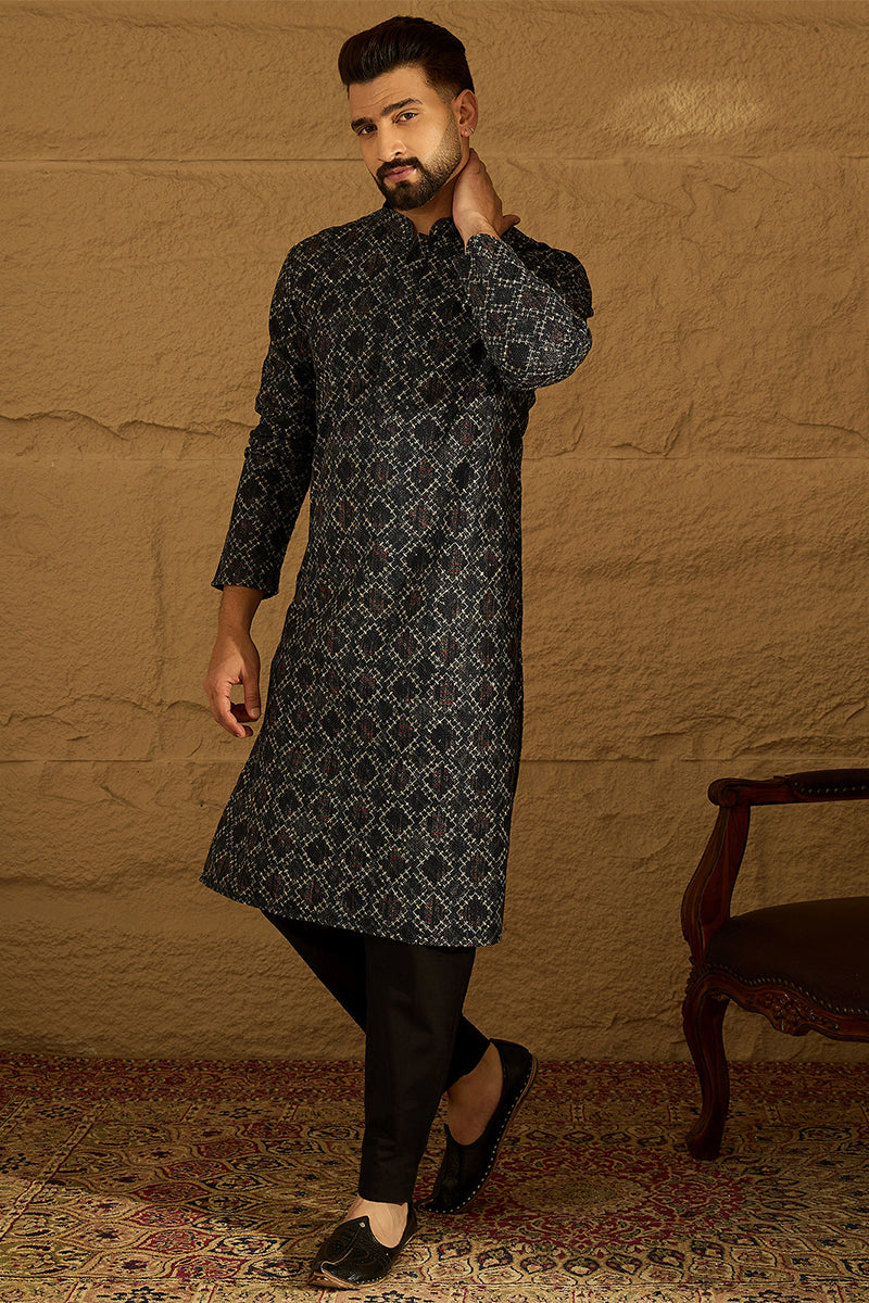 Black Cotton Solid Embroidered Straight Kurta | SHOBITAM