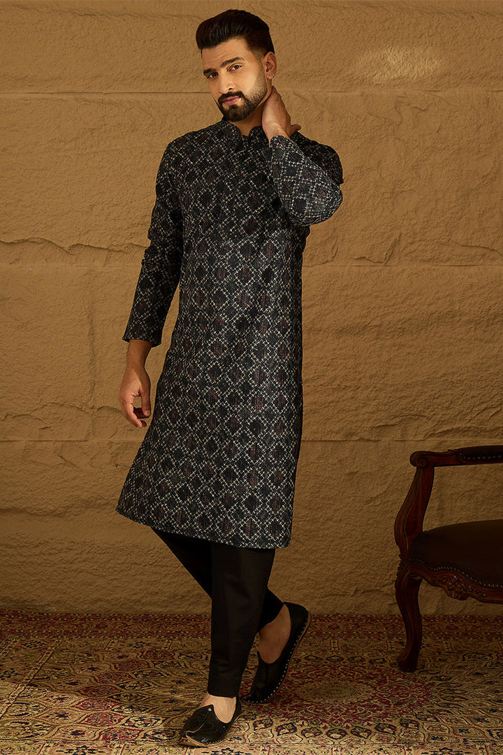 Black Cotton Solid Embroidered Straight Kurta with Trouser | SHOBITAM
