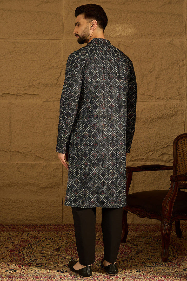 Black Cotton Solid Embroidered Straight Kurta with Trouser | SHOBITAM