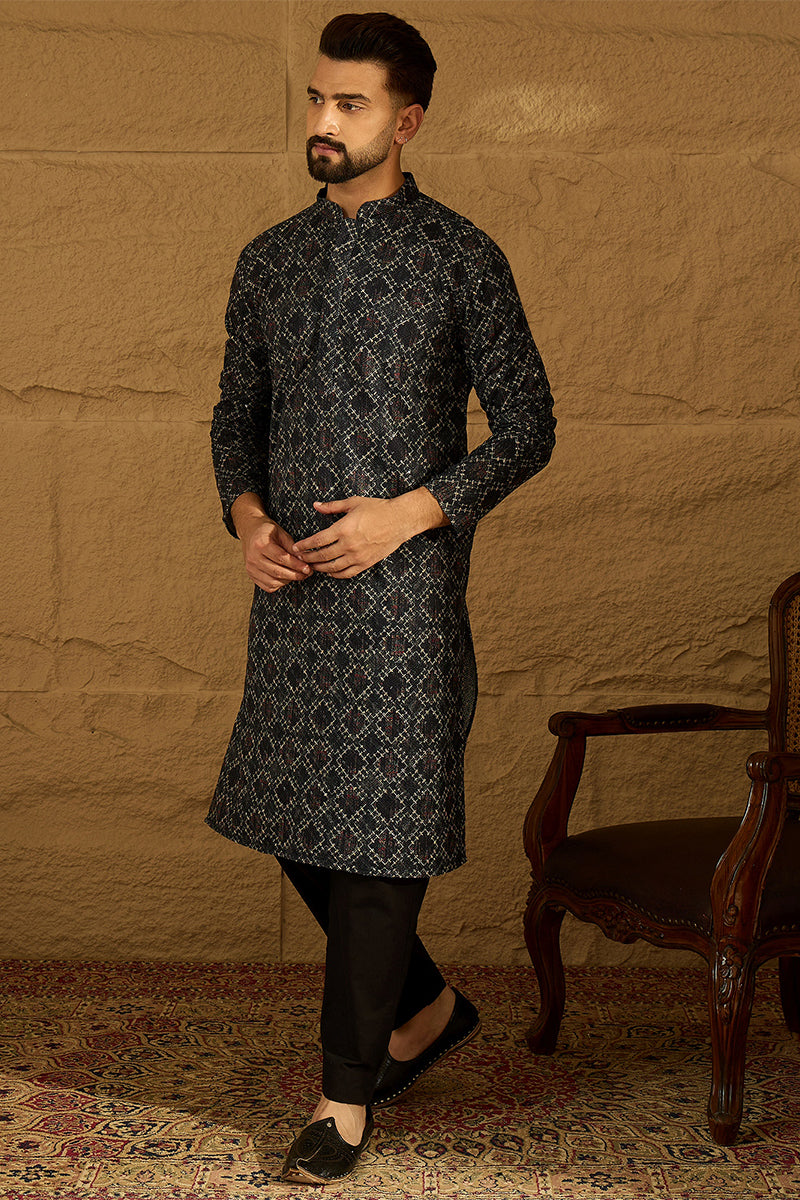 Black Cotton Solid Embroidered Straight Kurta | SHOBITAM