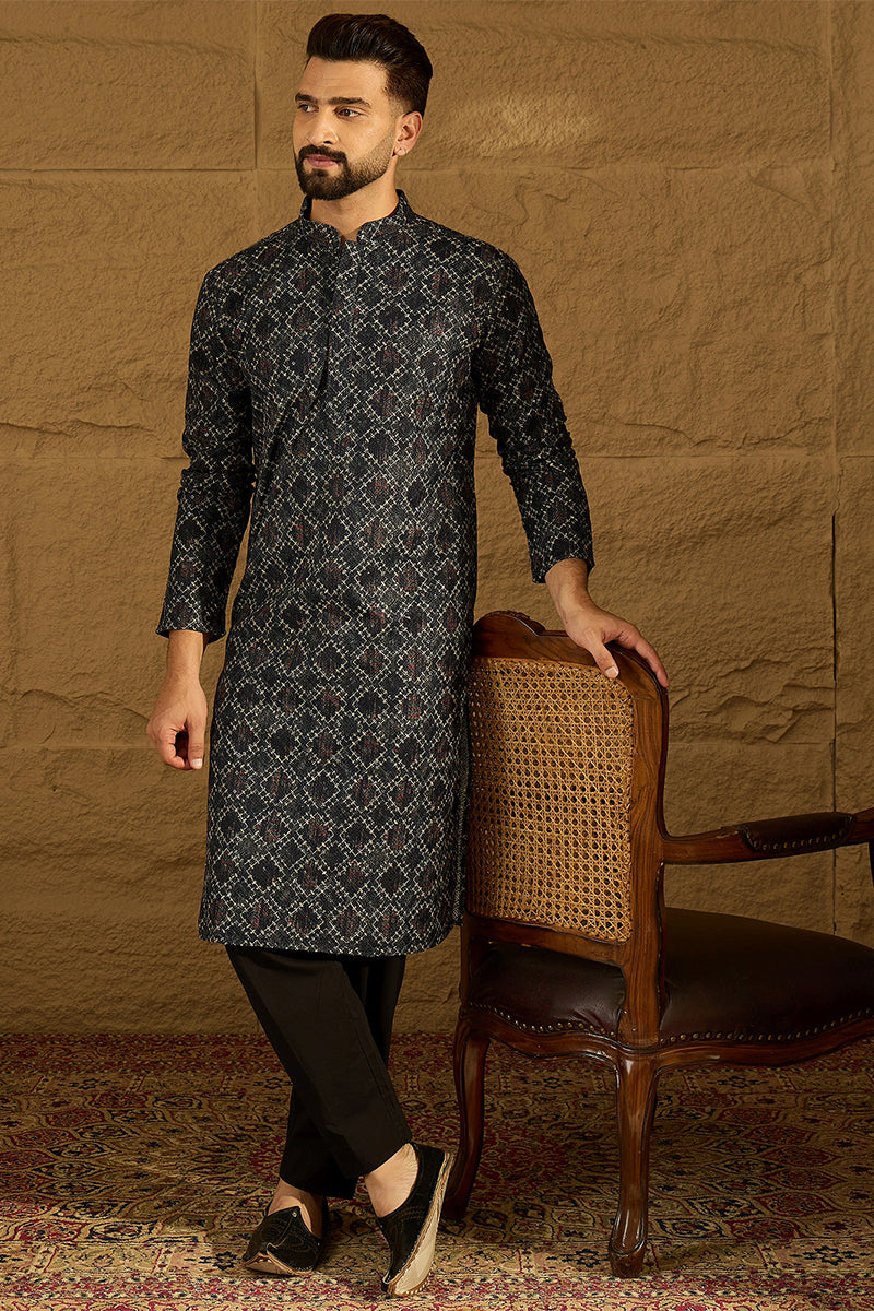 Black Cotton Solid Embroidered Straight Kurta with Trouser | SHOBITAM