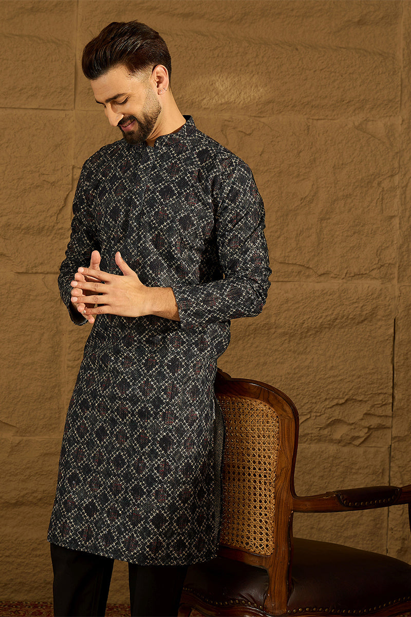 Black Cotton Solid Embroidered Straight Kurta | SHOBITAM