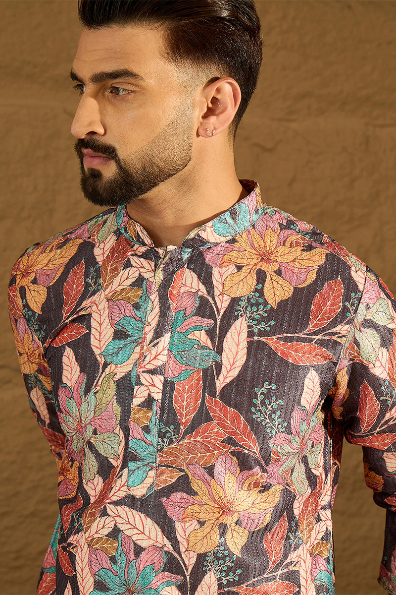 Grey Silk Blend Floral Printed Straight Kurta with Trouser | SHOBITAM