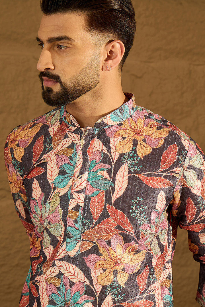 Grey Silk Blend Floral Printed Straight Kurta with Trouser | SHOBITAM
