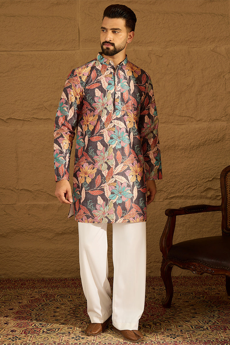 Grey Silk Blend Floral Printed Straight Kurta with Trouser | SHOBITAM