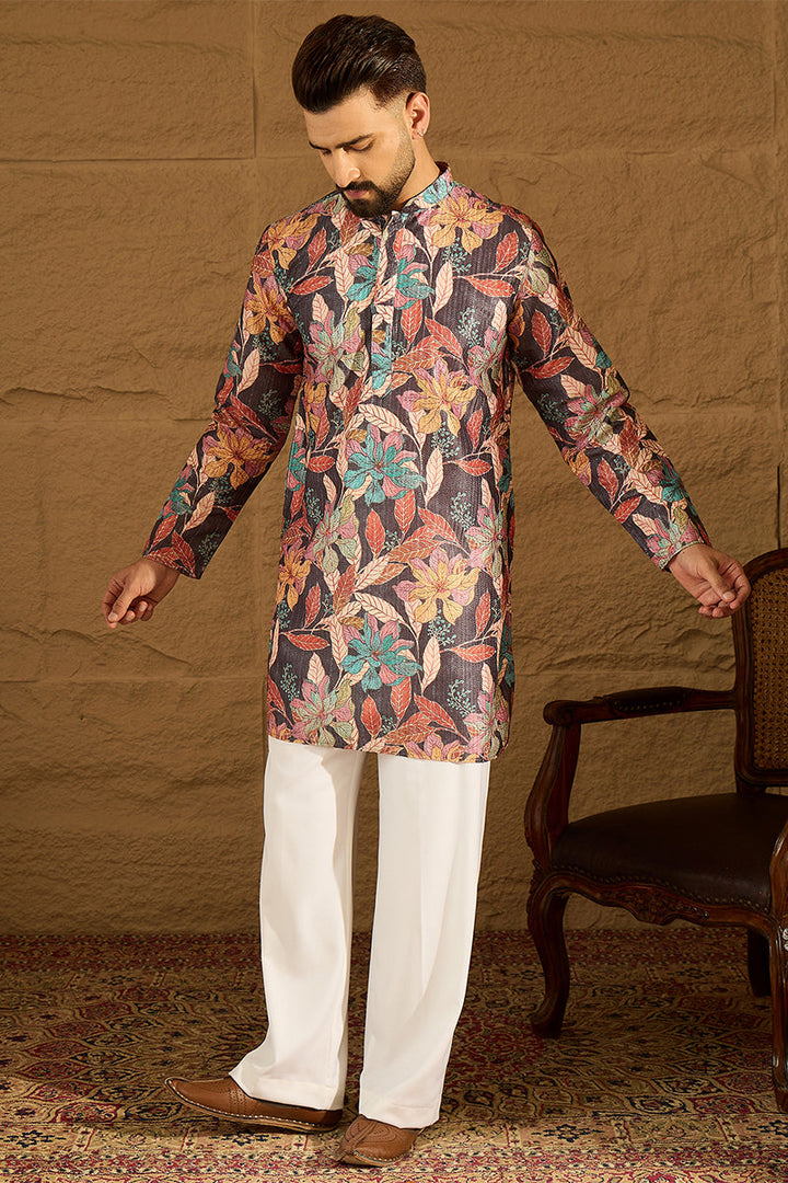 Grey Silk Blend Floral Printed Straight Kurta  | SHOBITAM