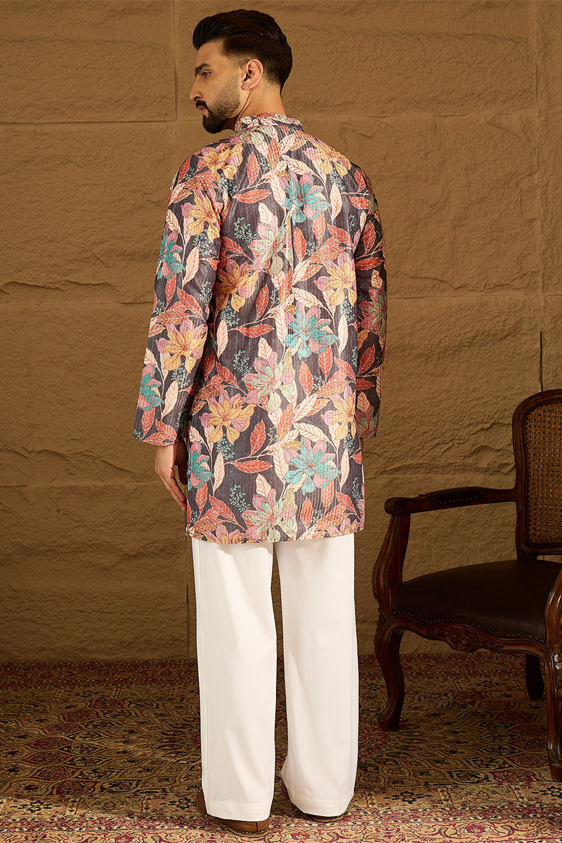 Grey Silk Blend Floral Printed Straight Kurta with Trouser | SHOBITAM