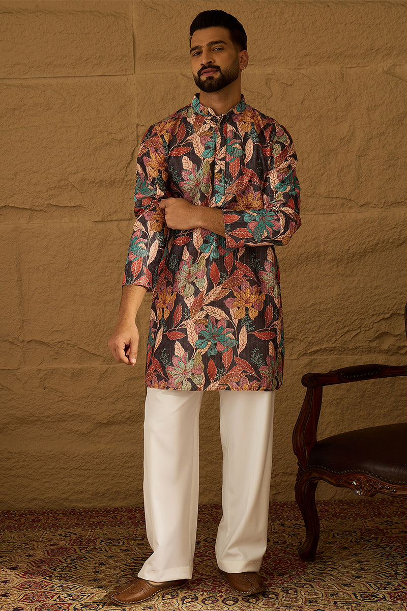 Grey Silk Blend Floral Printed Straight Kurta with Trouser | SHOBITAM