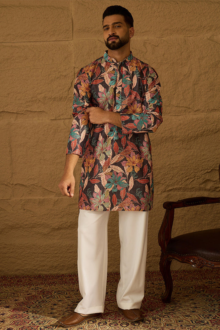 Grey Silk Blend Floral Printed Straight Kurta with Trouser | SHOBITAM