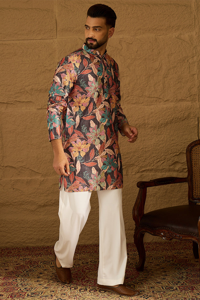Grey Silk Blend Floral Printed Straight Kurta  | SHOBITAM