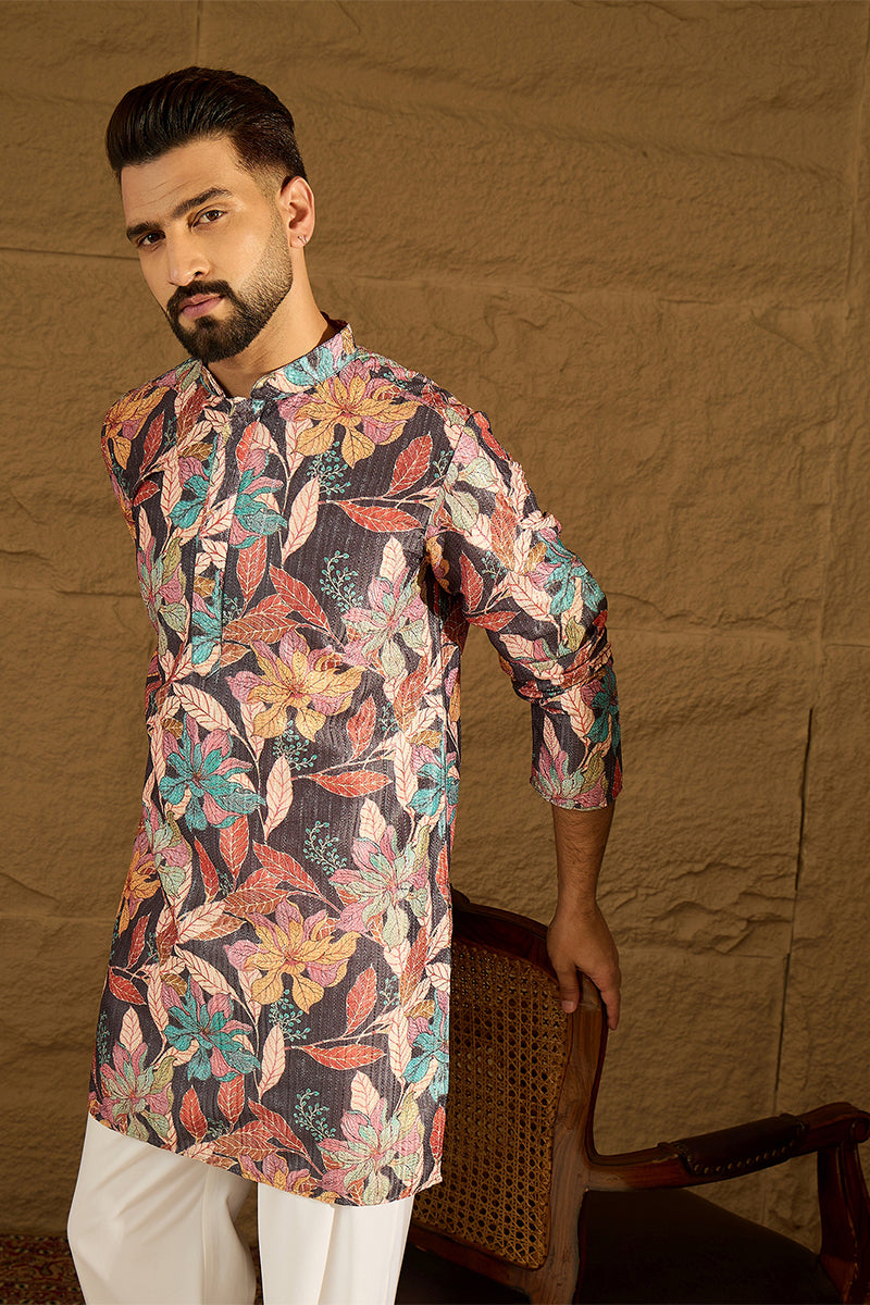 Grey Silk Blend Floral Printed Straight Kurta with Trouser | SHOBITAM