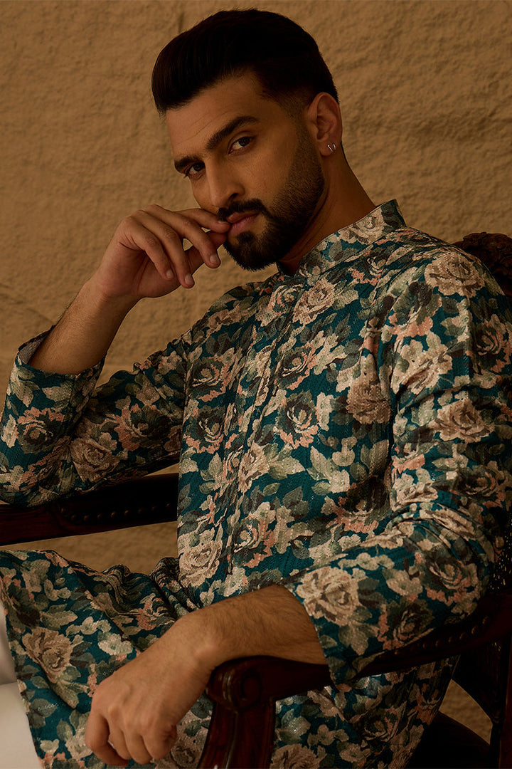 Teal Silk Blend Floral Printed Straight Kurta with Trouser | SHOBITAM